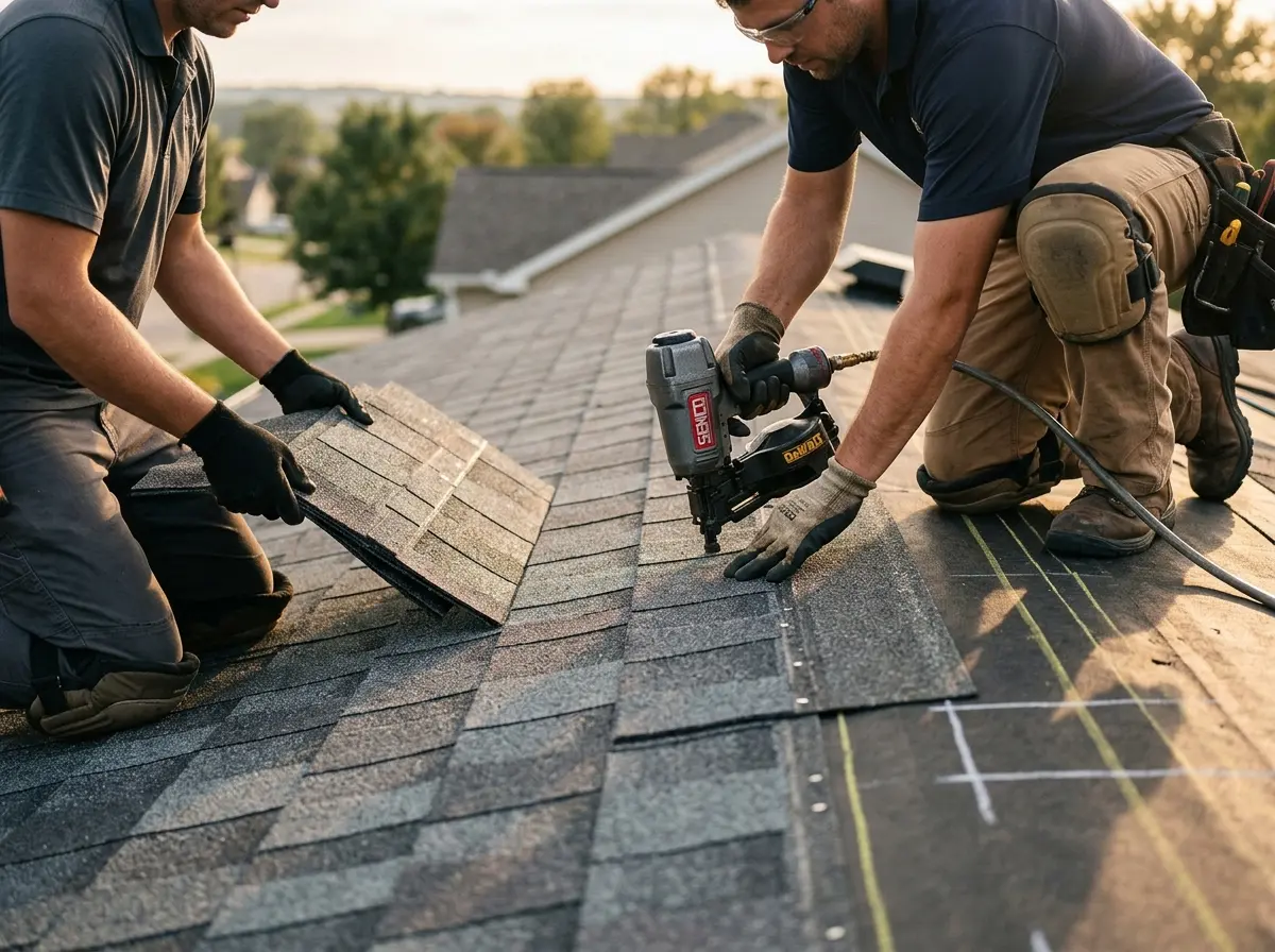 Professional roofer working on a residential roof in Rutland